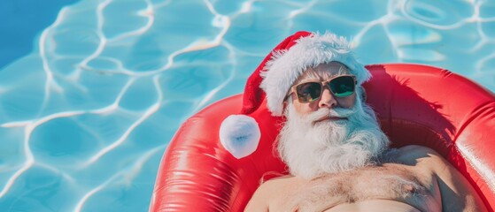 Wall Mural - Merry Christmas holiday vacation winter greeting card concept, - Cool hipster Santa Claus with sunglasses lying and relaxing on air mattress in swimming pool