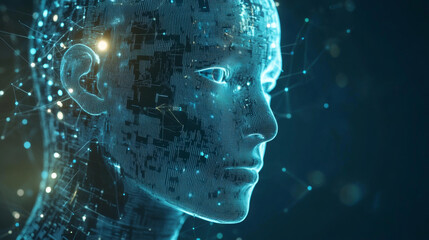 Poster - Artificial intelligence in a humanoid head with a neural network, processing and analyzing big data. Features a digital brain learning and thinking. Represents a cyber mind with a technology backgroun