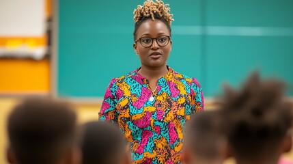 A vibrant teacher engages with students in a colorful classroom, promoting a dynamic learning environment and cultural appreciation.