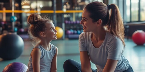 Sticker - A woman and a little girl are sitting on the floor in a gym. The woman is smiling at the child