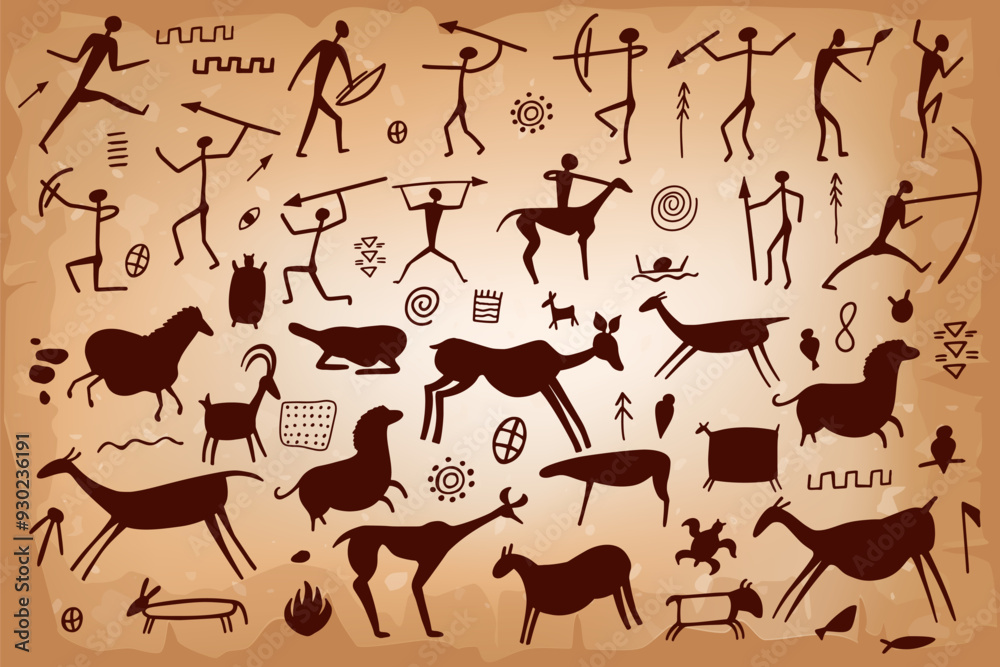 Cave painting on stone, ancient wall of prehistoric humans, animals ...