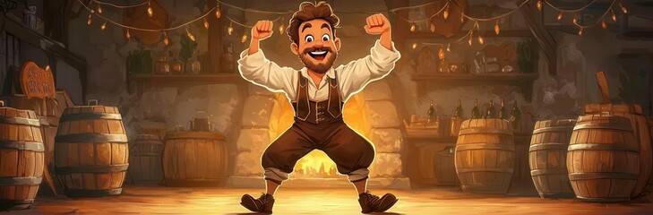 Bavarian man in lederhosen dancing, retro cartoon style, exaggerated movements, Oktoberfest backdrop with beer barrels, warm nostalgic colors, vintage charm