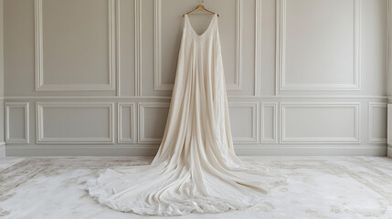 A classic off-white wedding gown with a flowing train and delicate embroidery.