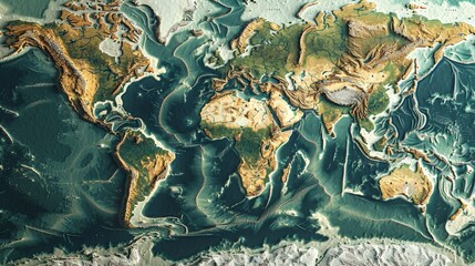 Wall Mural - Illustrate a detailed topographical world map, highlighting elevations, mountain ranges, and ocean depths.