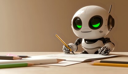 Poster - Robot Artist Creates Art with Pencil on Paper, Futuristic Creativity and AI Art