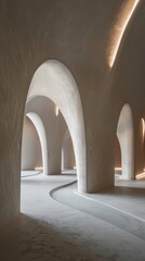 Poster - A spacious interior features graceful arches and soft lighting, showcasing the beauty of white concrete and minimalist aesthetics