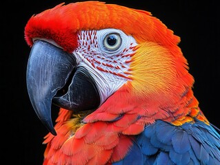 Wall Mural - vibrant portrait of a majestic macaw parrot closeup view highlighting its brilliant plumage in rich blues reds and yellows sharp detail of the curved beak and intelligent eye in a tropical setting