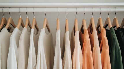 A neatly arranged collection of stylish shirts hanging on wooden hangers, showcasing a variety of soft colors in a closet.