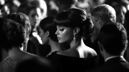 Wall Mural - Elegant brunette woman walking gracefully through a crowded event at night