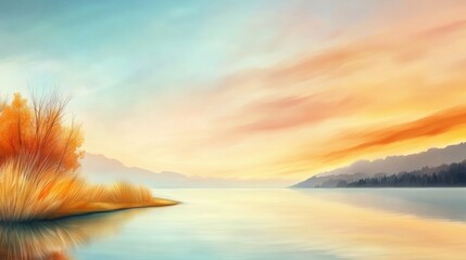 Wall Mural - A painting of a lake with some trees in the background, AI