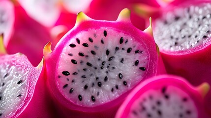 Vibrant close-up of dragon fruit, macro photography, vivid pink exterior, white flesh with black seeds, tropical produce, even studio lighting, food photography.