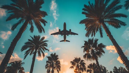 palm trees frame airplane soaring in sunset sky, tropical vacation destination