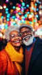 © master1305 - Stylish senior African American couple hugs at New Year street fair against background of warm festive garlands light. Bokeh effect.