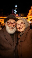 Happy senior Jewish couple at Christmas market against background of warm festive garlands light. Bokeh effect.