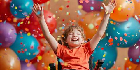 Wall Mural - Cheerful funny child in a wheelchair among colorful balloons and falling confetti. Disabled kid having fun birthday party.