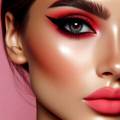 Close up portrait of woman model face with glowing bright pink color tone makeup, fashion design concept