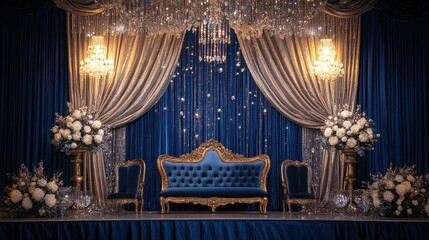 Elegant event stage with blue backdrop, ornate furniture, and floral arrangements.