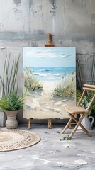 Poster - A tranquil beach is portrayed with soft waves and coastal grasses on a stunning canvas, inviting viewers to immerse in the seaside ambiance