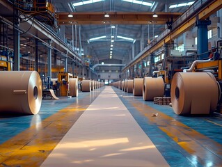 Wall Mural - Large rolls of paper in a bustling manufacturing facility during daytime