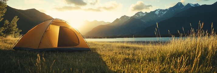 Wall Mural - A yellow tent is set up in a grassy field next to a lake. The sun is setting, casting a warm glow over the scene. Concept of peace and relaxation