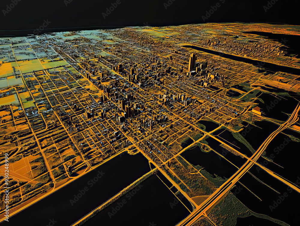 Technical aerial visual, 3D LiDAR GIS aerial map satellite scan model ...