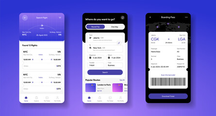 flight tickets search mobile app interface. digital boarding pass template. travel application. airl