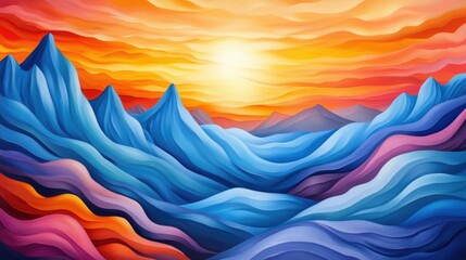 Sticker - A painting of a mountain range with the sun setting in front, AI