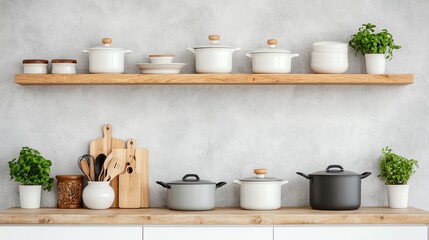 Wall Mural - Modern kitchen shelves filled with stylish pots, utensils, and fresh herbs for a vibrant cooking atmosphere.