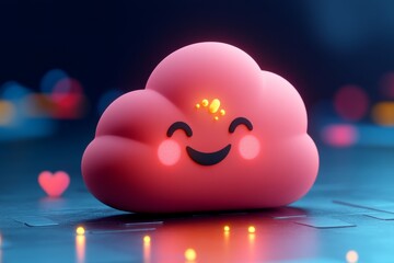 Canvas Print - Cute cloud character floating above a cityscape at night personifying cloud computing in a whimsical way