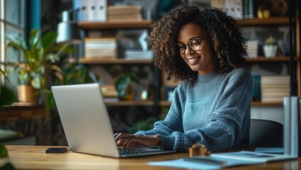 African American woman smiling and typing on a laptop at a desk with a modern office background.