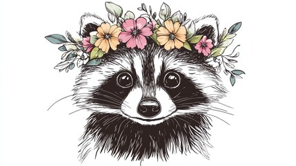 a cute cartoon raccoon with a flower crown.