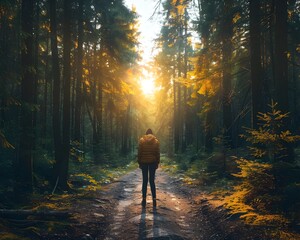 Wall Mural - A Person Embracing New Beginnings on an Autumnal Forest Trail at Sunset