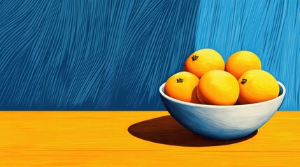 Canvas Print - A bowl of oranges on a table against blue background, AI