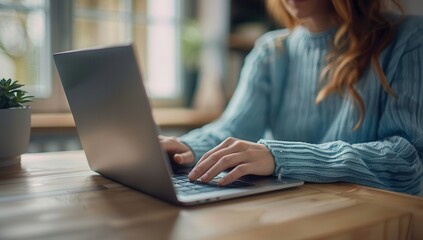 Close up of a woman typing on a laptop, in a modern office background.