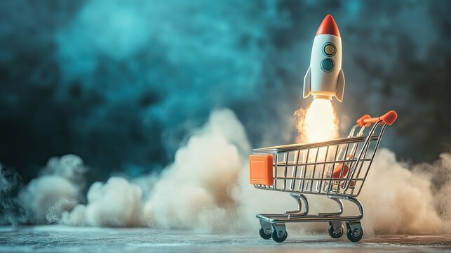 A shopping cart with a rocket blasting off, representing fast e-commerce delivery, with an open background that offers plenty of space for promotional text or messages.