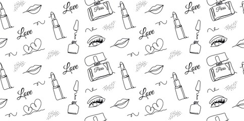 Wall Mural - modern  one line seamless pattern with  fashionable elements. eyes, lips, lipstick, a dot in a minimalist style. naive illustration for print, paper. cosmetics, banner. A continuous line of art.