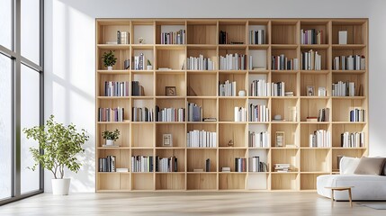 Poster - Bright Scandinavian-Style Bookshelf Wall in Serene Living Room with Light Wood Finish