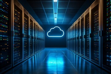 Neon cloud in a futuristic server room visualizing the seamless integration of cloud computing environments