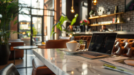 Stylish and comfortable workspace on a cafe counter bar, complete with a laptop, coffee, and decor, ideal for remote workers