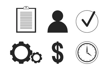 Wall Mural - Project management black and white 2D line objects set. Cogwheels, clipboard, money isolated vector outline items collection. Operational efficiency, performance monochromatic flat spot illustrations