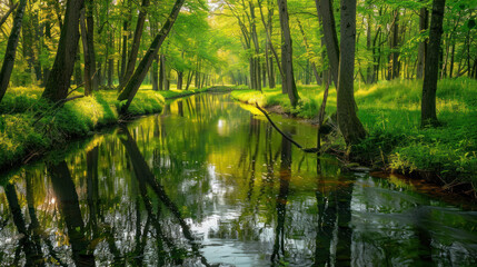 Wall Mural - Serene river winding through a forest, with reflections of trees in the calm water