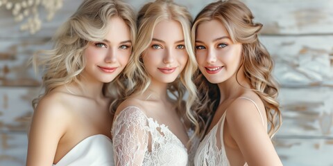 Wall Mural - Three women with blonde hair and white dresses are smiling for the camera. Scene is happy and cheerful