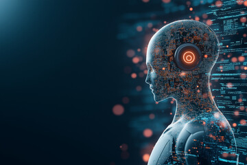 A futuristic digital illustration of an AI robot with glowing data streams, symbolizing advanced technology and the power to enhance human engagement in virtual worlds.