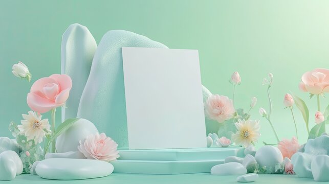 A whimsical 3D scene with a blank A4 white paper sheet or promotion poster mockup on an abstract stage, adorned with kawaii flowers and pastel rocks, set against a green mint background.