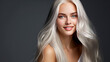 © ALA - Portrait of a smiling cheerful blond teenage girl with long white hair and perfect skin, gray background, banner.