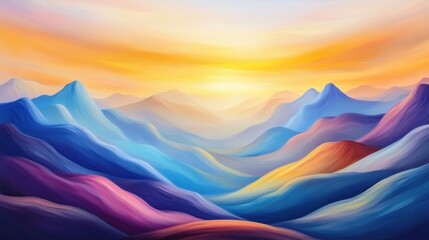 Wall Mural - A painting of mountains with a bright sun in the background, AI