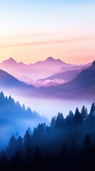 Wall Mural - A mountain range at dawn, with mist rising from the valleys and the first light hitting the peaks