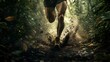 © TawaUStock - A runner sprinting through a dense forest trail, leaves and dirt kicked up in motion, solid dark green background, fine details in the running shoes and foliage, lighting is filtered with strong