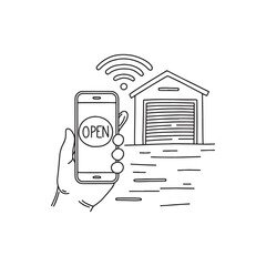 Drawing of smart garage door opened with smartphone