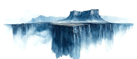 Watercolor clip art of the Mount Roraima in Venezuela, with its flattopped peak and dramatic cliffs, white background